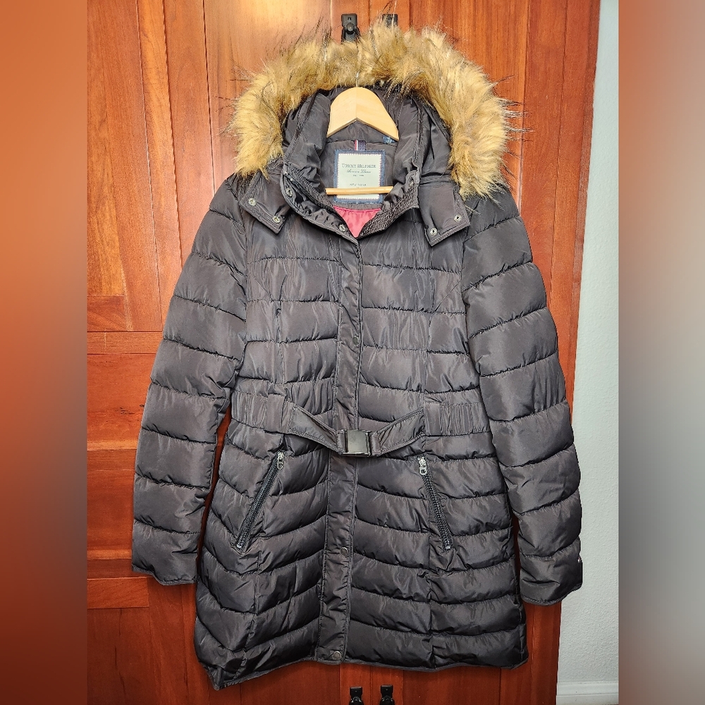 Tommy Hilfiger Women's Charcoal Puffer Coat with Faux Fur Hood